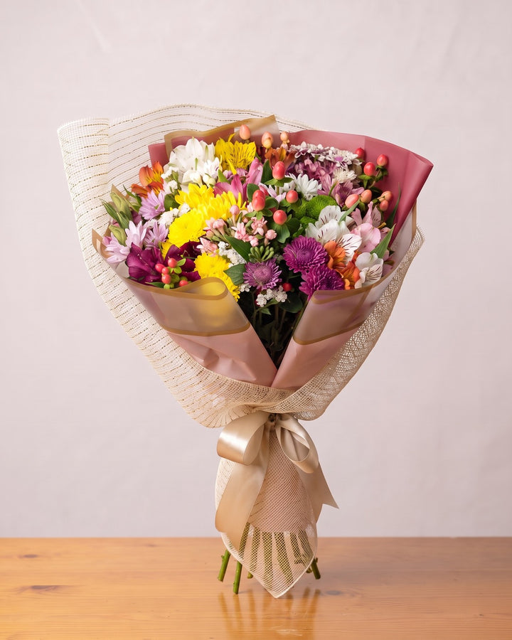 Buquê mix de flores do campo: crisântemos amarelos e roxos, alstroemérias e hypericum em papel rosado e tela creme