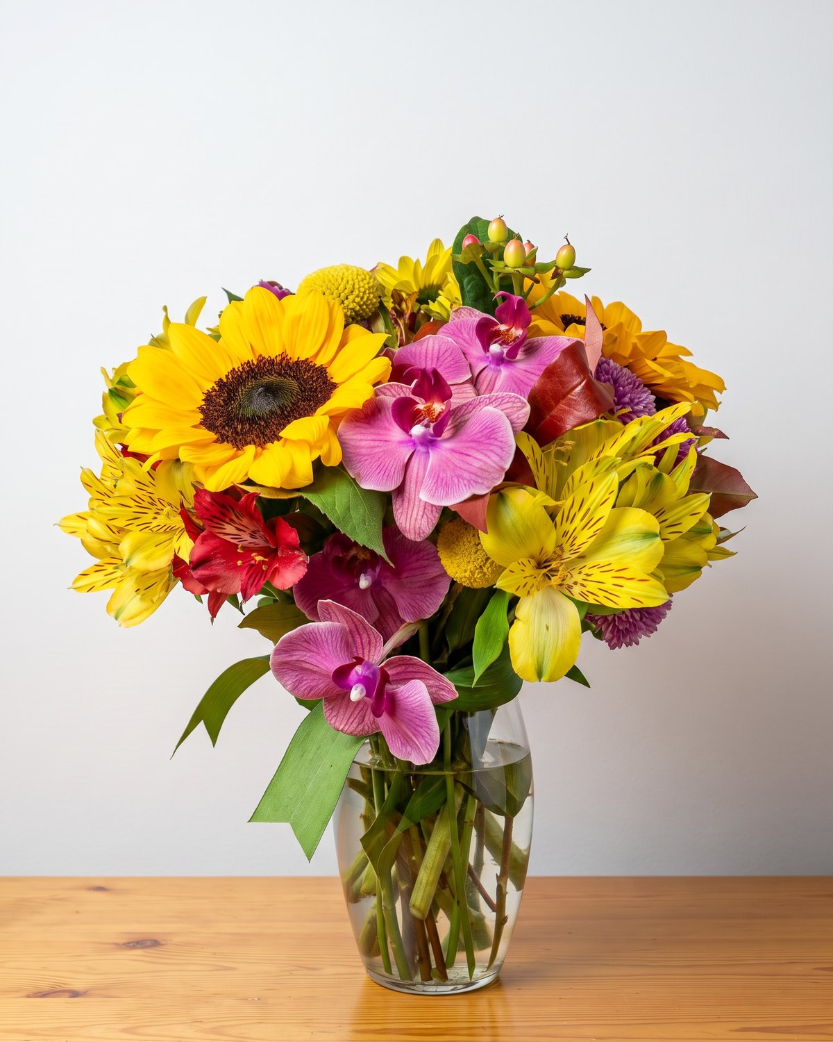 O arranjo mix de flores da casa: um girassol, orquídeas magenta, alstroemérias amarelas e uma vermelha, craspédia e hypericum, num vaso baixo de vidro transparente, sobre a bancada de pinus.