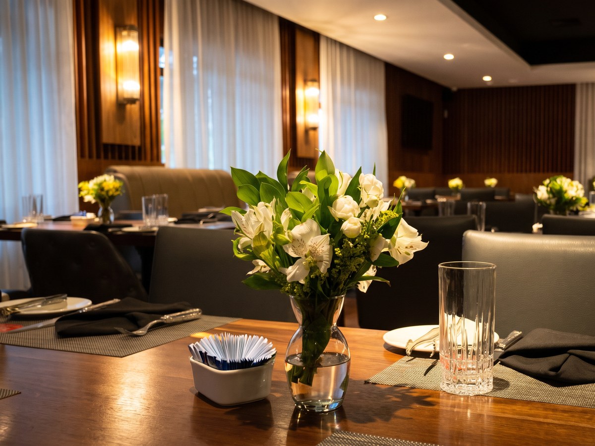 Salão de restaurante decorado pela casa para um evento corporativo: em primeiro plano, sobre a mesa de nogueira posta com copos de cristal e guardanapos pretos, um buquê pequeno de alstroemérias brancas, rosinhas brancas e solidago amarelo num vaso de vidro; ao fundo, mesa após mesa com o mesmo arranjo branco e amarelo, sob a luz quente das arandelas e entre as paredes de ripas de madeira.