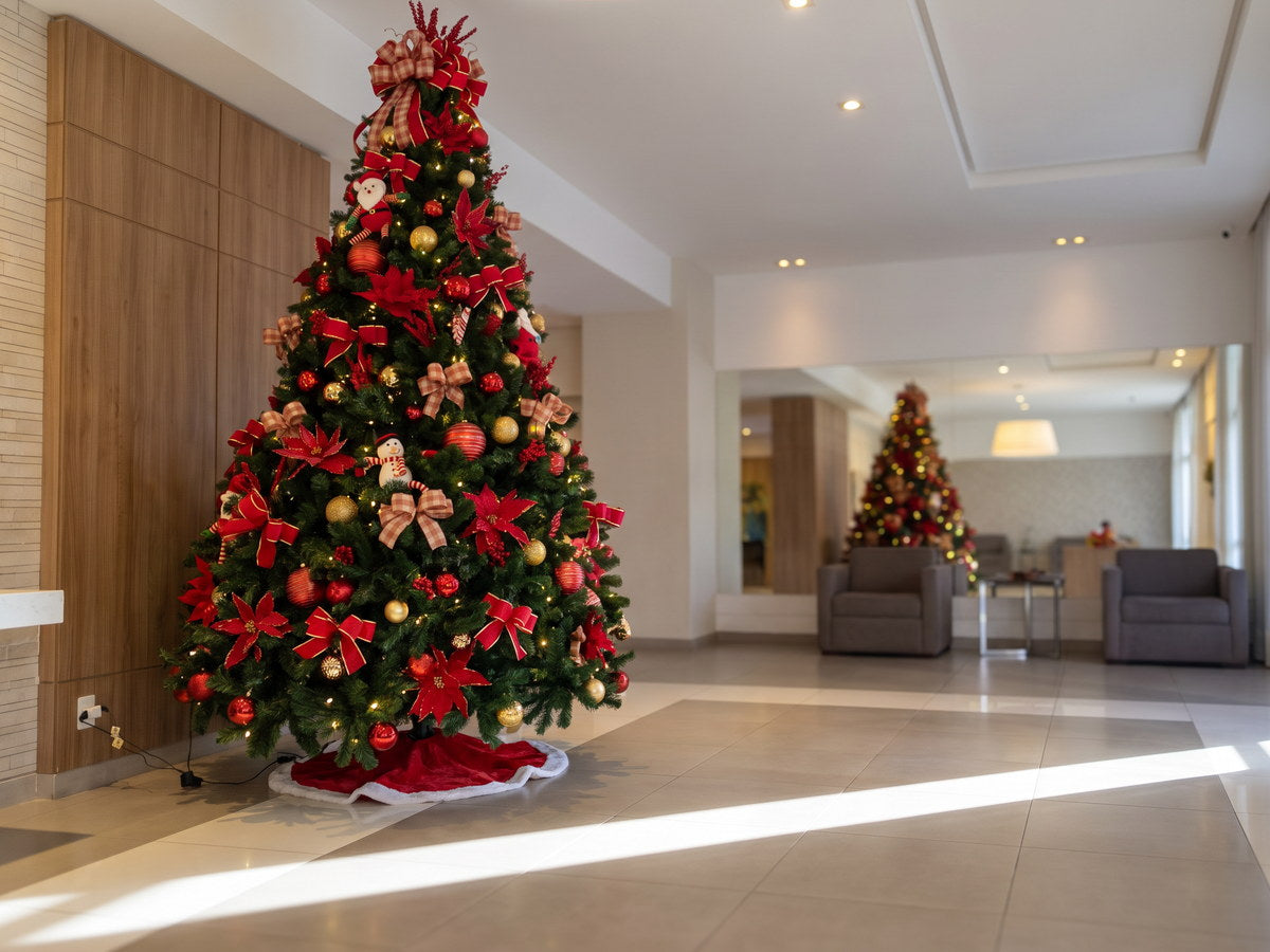 Árvore de Natal montada pela casa no hall de um hotel: um pinheiro cheio de mais de dois metros, com laços vermelhos e laços de fita xadrez bege, poinsétias de veludo vermelho, bolas vermelhas e douradas e bonecos de feltro entre os ramos, sobre uma saia de tecido vermelha e branca no chão. À esquerda o painel de madeira clara do saguão; ao fundo, o lounge com poltronas cinza e uma segunda árvore menor. O sol da manhã entra pela esquerda e deita duas faixas de luz no porcelanato claro.