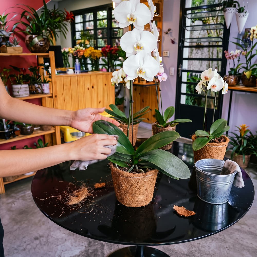 Sobre a mesa preta da loja, uma orquídea branca no cachepô de fibra: uma mão passa o pano úmido sobre a folha enquanto a outra a sustenta por baixo. A metade já limpa brilha, a folha do lado ainda está cinzenta de poeira; ao lado, o balde de zinco com água e um segundo pano na borda.