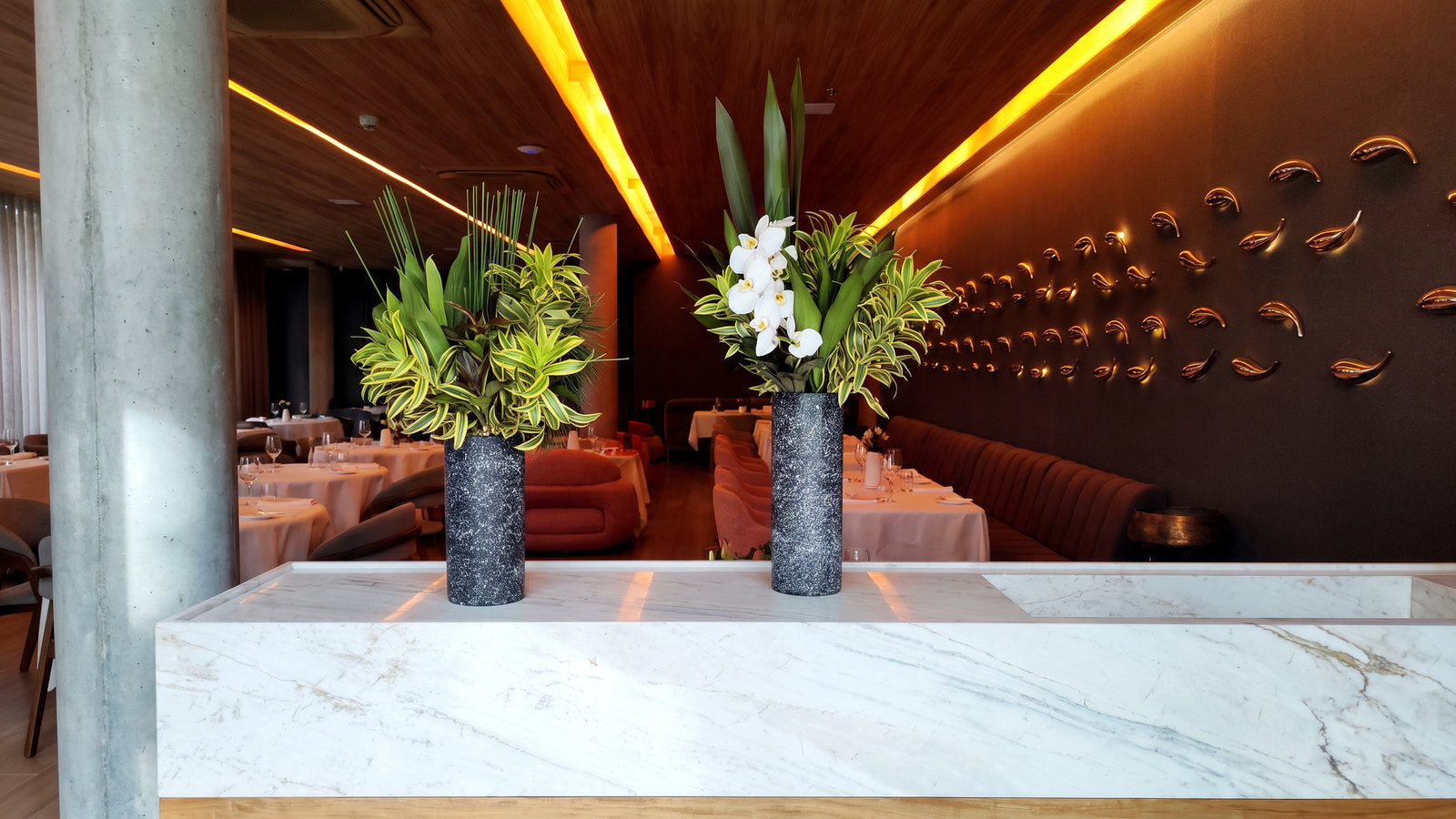 No salão de um restaurante, o par de arranjos da casa sobre a bancada de mármore branco, em cilindros altos de granilite preto e branco: à esquerda, uma cúpula de dracena variegada com folhas verdes largas e um leque de junco fino por cima; à direita, lâminas verdes eretas com uma haste de orquídea phalaenopsis branca arqueando para a frente. Atrás, o salão posto com toalhas cor de pêssego e o banco de veludo bordô, sob a luz âmbar embutida no teto de madeira; à direita, a parede grafite com os ornamentos de bronze.