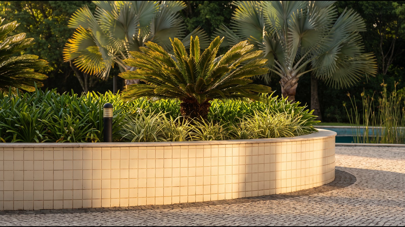 No jardim da piscina de um condomínio, o canteiro redondo de pastilha creme visto de lado, rente ao piso de pedra portuguesa: uma cica ao centro, agapantos e clorofitos em volta e um balizador preto; atrás, duas palmeiras-leque e os juncos na borda da piscina. O sol baixo do fim da tarde entra por trás das plantas, acende as folhas e esquenta a curva da mureta.