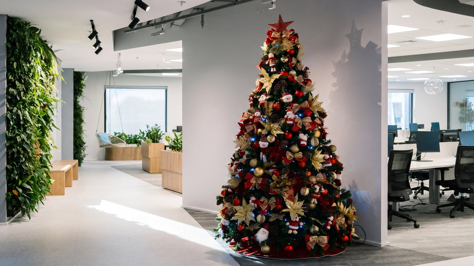 Árvore de Natal montada pela casa no hall de um escritório: um pinheiro de mais de dois metros com estrela vermelha no topo, laços de tela dourada e de fita vermelha, poinsétias douradas, bolas vermelhas e douradas, pinhas e bonecos de feltro, com pisca azul aceso por dentro, sobre saia vermelha num tapete cinza embutido no piso. À esquerda o corredor se abre: parede viva de folhagem, poltrona-balanço de vime pendurada, bancos de madeira clara e a janela ao fundo, com o sol da manhã deitando uma faixa de luz no piso claro. À direita, o escritório aberto com mesas brancas. A sombra da árvore cai na divisória cinza atrás, com a estrela legível.